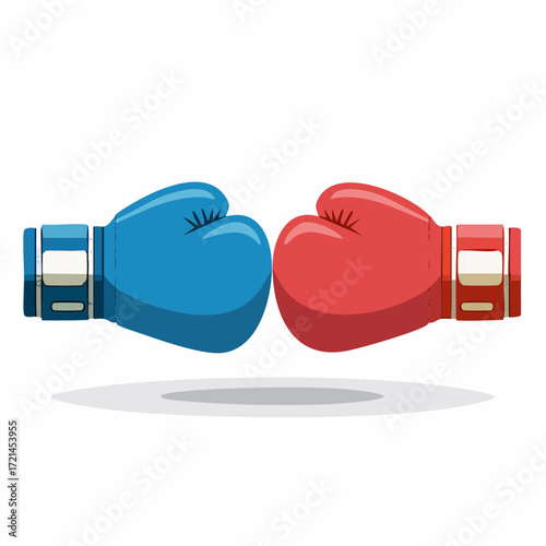 Two boxing gloves, one blue and one red, face each other, suggesting a competition.