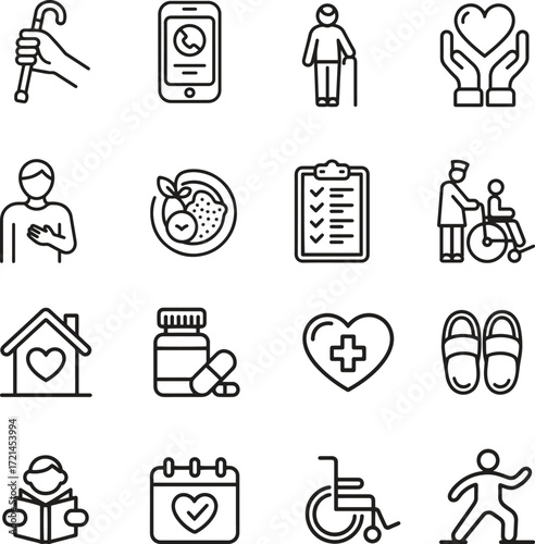 elderly care services line icons set. nursing, support, healthcare, retirement icon. editable stroke. vector illustration
