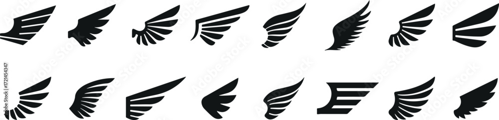Obraz premium wings black icons, angel wing silhouettes, bird wings vector, fantasy wings doodle, aviation wings outline, gothic black wings, wing tattoo art, cartoon wing pack, minimal angel wings, stylish wing d