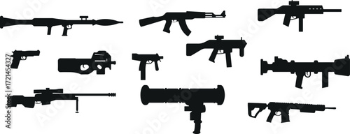 gun silhouettes pack, rifle vector icons, handgun doodle art, military guns design, weapon silhouette graphic, doodle firearms vector, pistol doodle set, army weapons cartoon, minimal gun outline, fir
