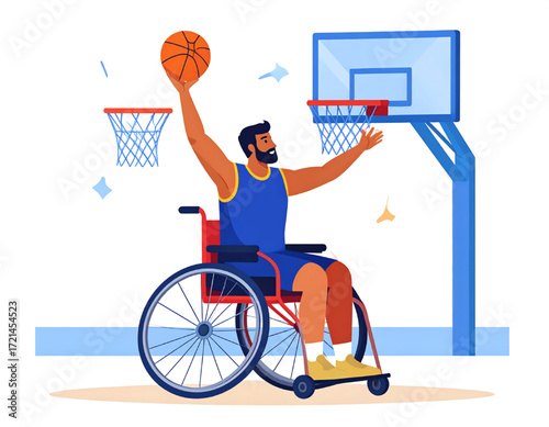A man in a wheelchair prepares to shoot a basketball into a hoop, showcasing adaptive sports and athleticism.