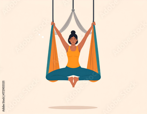 A woman practicing aerial yoga, suspended in a hammock-like apparatus.