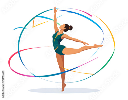 A graceful rhythmic gymnast performs a stunning routine, her body elegantly poised amidst swirling colorful ribbons.