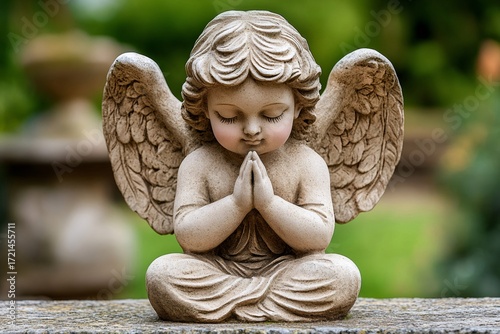 Cherub angel statue praying in a garden