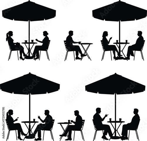 Silhouette of people sitting at café table, outdoor coffee shop conversation, friends meeting, business discussion, social interaction, umbrella shade seating