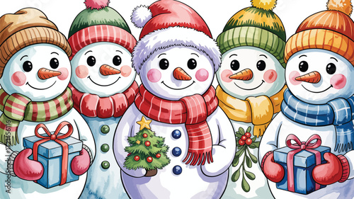 Cheerful snowmen friends gathered together, celebrating winter holidays with gifts and a festive tree.