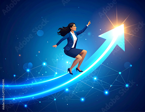 A businesswoman riding a glowing arrow, pointing towards a bright, shining star.
