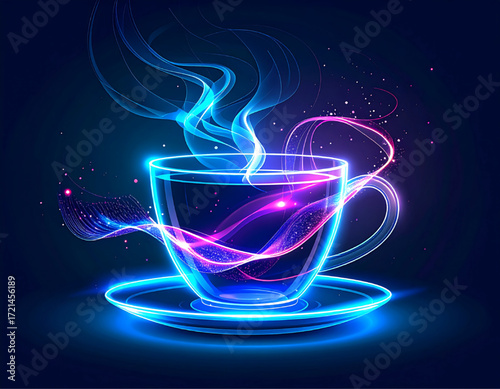 A glowing teacup with a saucer, emitting vibrant, swirling neon light and steam.