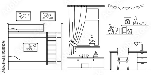 Bunk bed children room graphic black white home interior sketch illustration vector