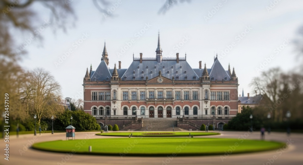 Naklejka premium Historic Castle with Gothic Architecture Surrounded by Green Park and Pathway in Daylight