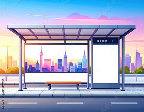 A vibrant bus stop scene featuring a skyline backdrop at sunset, showcasing tall buildings and a clear sky.