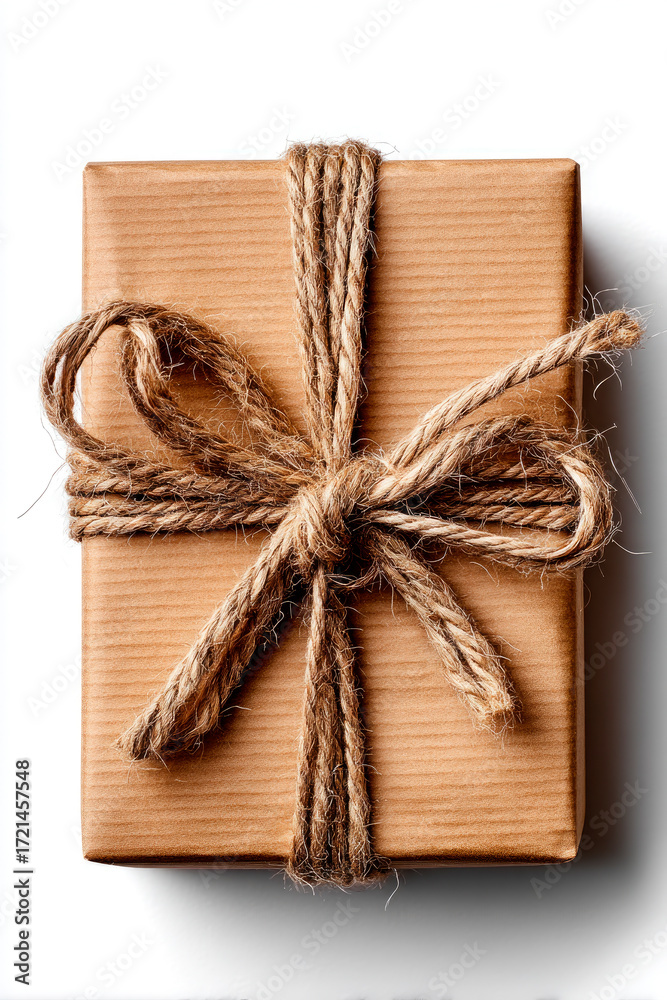 Obraz premium Christmas gift box wrapped in plain kraft paper, isolated on white background