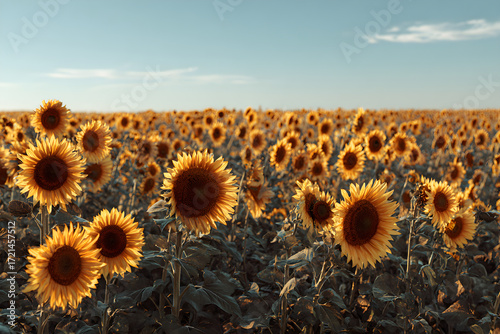 An Inviting Panorama: A Stnning Field of Sunflowers apturing the Essence of Naure's Beauty and the Joyfu Radiance of Golden Blossos in Full Bloom Under the unlit Sky