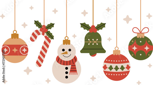 Festive Christmas ornaments including a snowman, candy cane, and bell, hanging against a sparkling background.