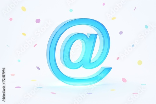 Glowing blue at symbol with confetti and light particles on a white background representing digital communication and online presence