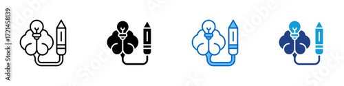 Thinking Multiple Style Icon Design Vector - Brain with pencil and light bulb representing creative thinking and problem solving