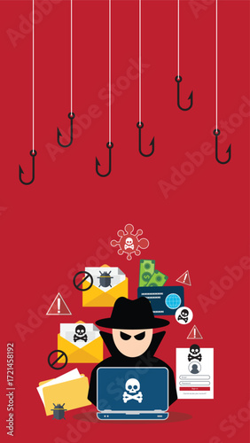 Hacker with laptop computer stealing confidential data, personal information and credit card detail. Hacking concept.	