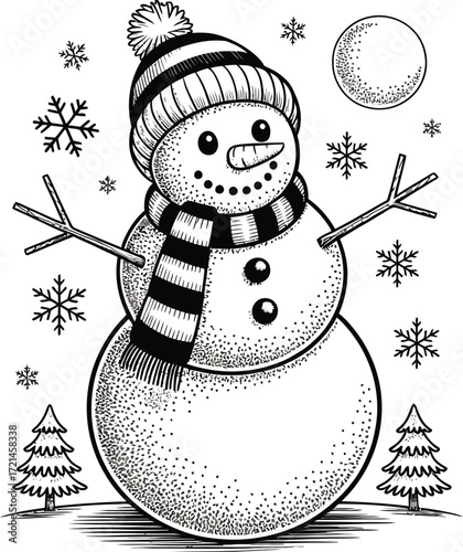 Whimsical snowman dressed in winter hat and scarf, surrounded by snowflakes and festive trees.