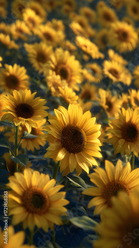 An Inviting Panorama: A Stnning Field of Sunflowers apturing the Essence of Naure's Beauty and the Joyfu Radiance of Golden Blossos in Full Bloom Under the unlit Sky
