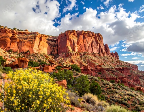 Red rock cliffs with wildflowers