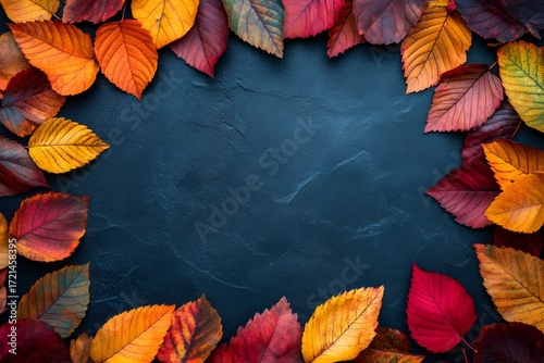 Autumn leaves framing dark textured background with space
