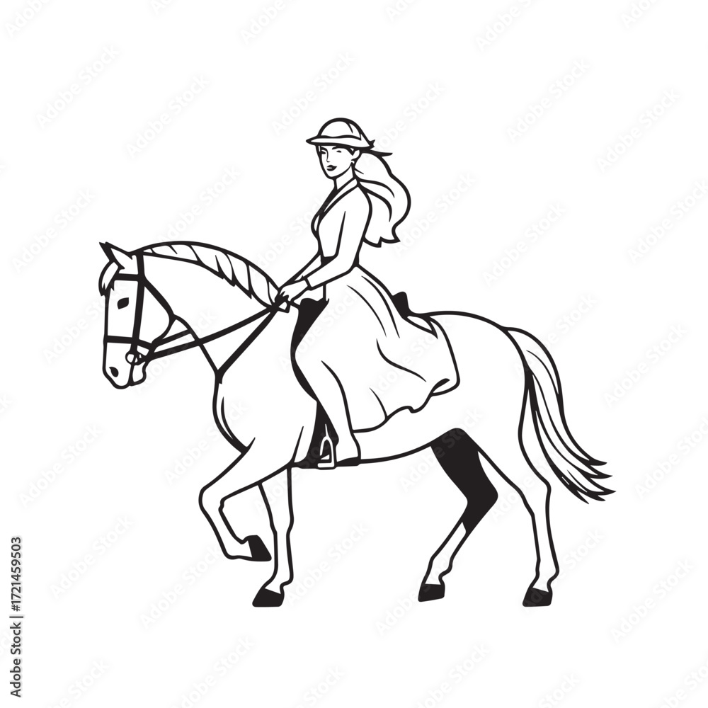 Obraz premium Black and white line art of a beautiful woman with perfect body riding horse elegant minimalist illustration