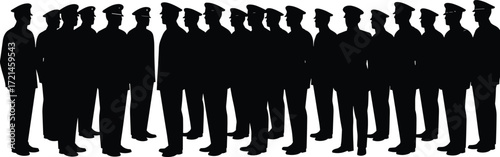 Silhouette of uniformed men standing, military personnel group vector, police officers formation, security team illustration, official men lineup, teamwork concept