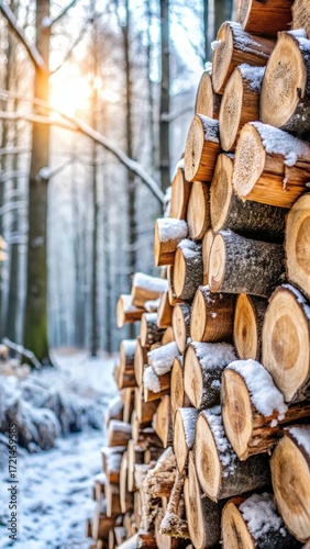Close-up of stacked firewood covered in a light frost in winter