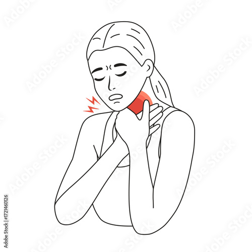 Outline sick woman with sore throat as a symptom of virus infection. Line girl holding her neck with inflammation and pain as a result of covid or flu