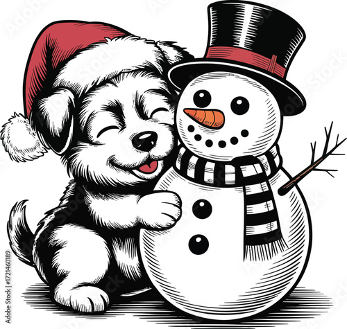 Joyful puppy in Santa hat hugs a friendly snowman, celebrating winter holidays