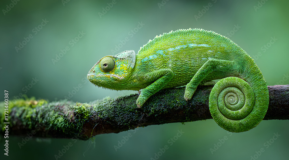 Fototapeta premium Green chameleon curling its tail on a tree branch in a tropical rainforest, blending with the foliage under natural light, a small exotic reptile symbolizing wildlife, ecology, and biodiversity.