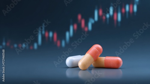 Colorful Capsules on a Reflective Surface with Stock Market Graph in the Background