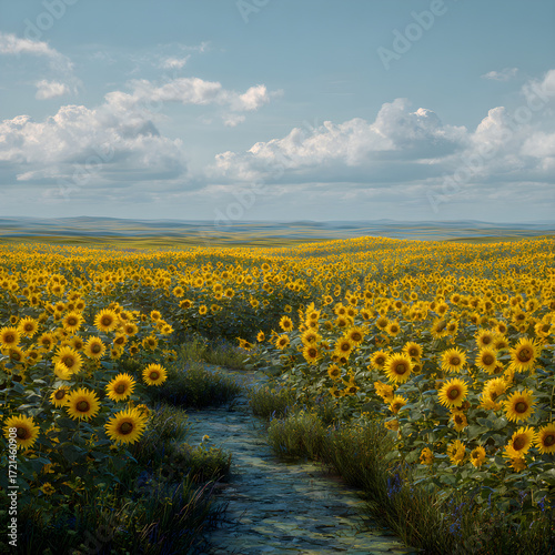 An Inviting Panorama: A Stnning Field of Sunflowers apturing the Essence of Naure's Beauty and the Joyfu Radiance of Golden Blossos in Full Bloom Under the unlit Sky