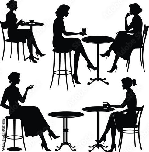 Silhouette of women sitting at café table, drinking coffee, relaxing, conversation, casual lifestyle, modern female, social interaction, leisure time