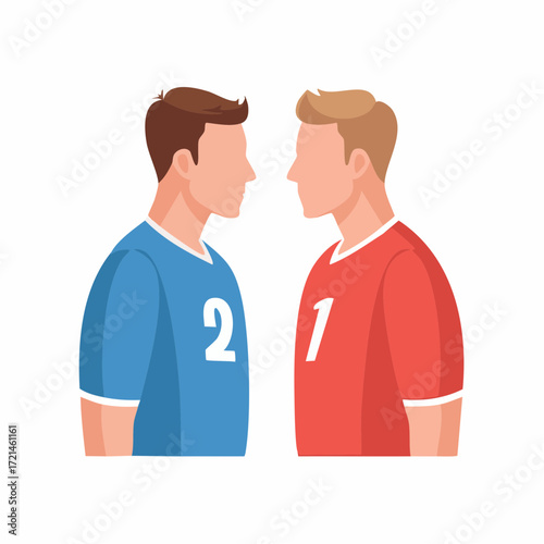 Two faceless men in sports jerseys facing each other, ready to compete.