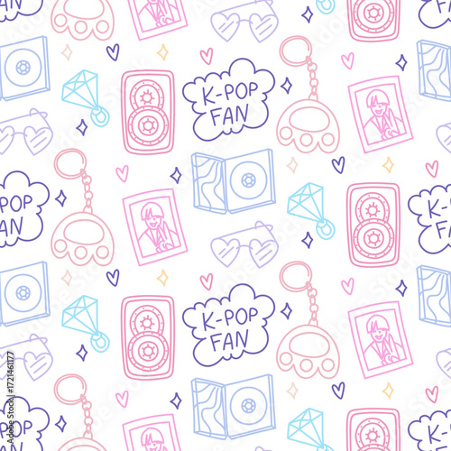 Doodle pattern colored k-pop. Seamless texture with bright elements of Korean music trends. Music speakers, paw keychain, photo card, album with disc, jewelry. Glitter, hearts, and K POP FAN in cloud