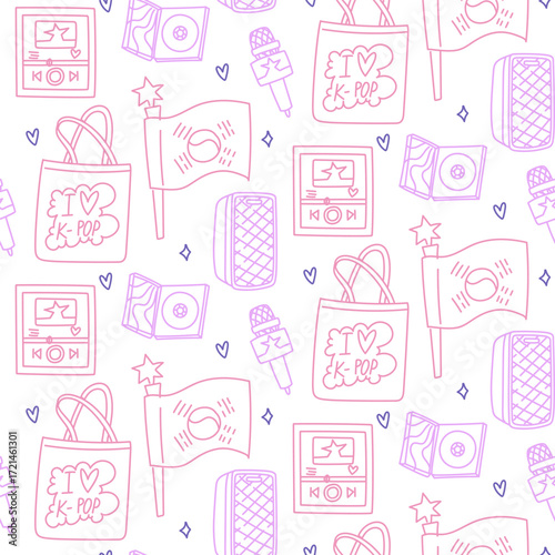 Doodle pattern colored k-pop. Seamless texture with bright elements of Korean music trends. Korean flag, shopper with text, player, album with disk, speaker, microphone. Glitter, hearts, K POP FAN