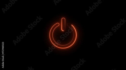 Orange neon power button symbol on black background