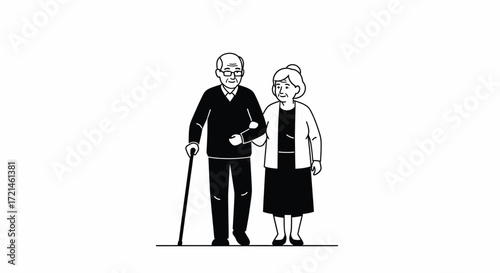 Joyful elderly couple walking together, symbolizing companionship and shared life.
