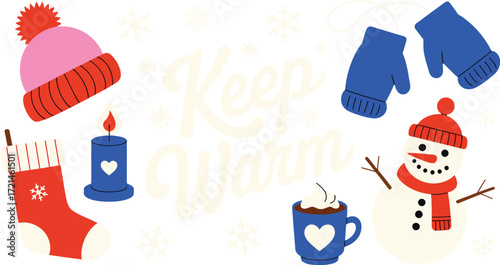 Cozy winter elements and 'Keep Warm' text, creating a festive holiday greeting