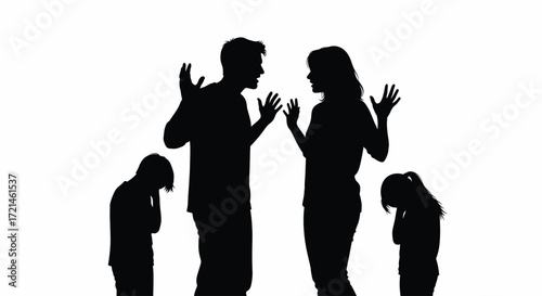 Silhouette of parents arguing while children look distressed, illustrating family conflict.