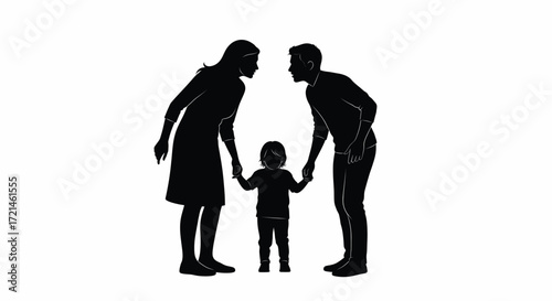 Loving parents protectively hold hands with their child, symbolizing family unity and security.