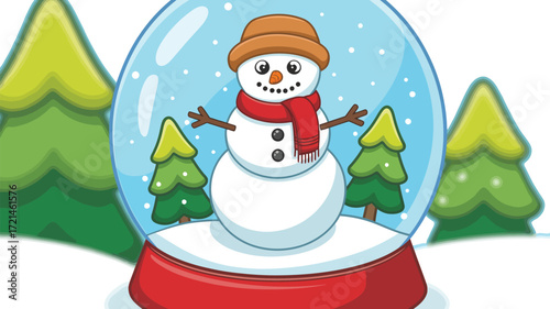 Charming snowman with festive scarf and hat inside a winter snow globe.