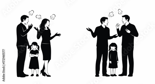 Family conflict and communication breakdown with angry parents and confused child