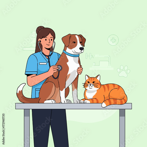 Caring female veterinarian provides a medical check-up for a dog and cat in a modern animal hospital illustration, representing professional pet healthcare and wellness services