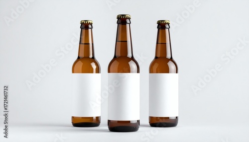 Three blank brown beer bottles standing upright, isolated on a light background, perfect for branding, advertising, or product presentation mockups.
