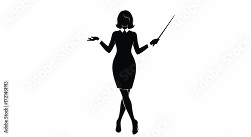 Elegant silhouette of a woman presenting with a pointer, conveying expertise and confidence.