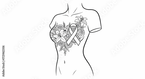 Elegant line art illustration of a woman's torso adorned with flowers and a breast cancer awareness ribbon.