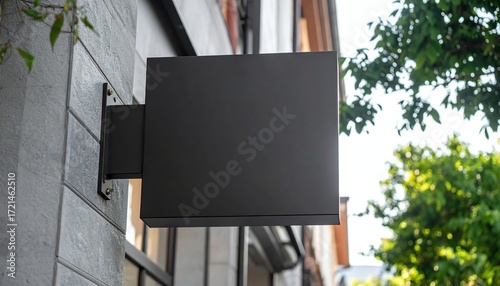 Blank black square shop signage mounted on gray wall, perfect for adding business logo, branding, or advertisement, urban street, modern exterior.
