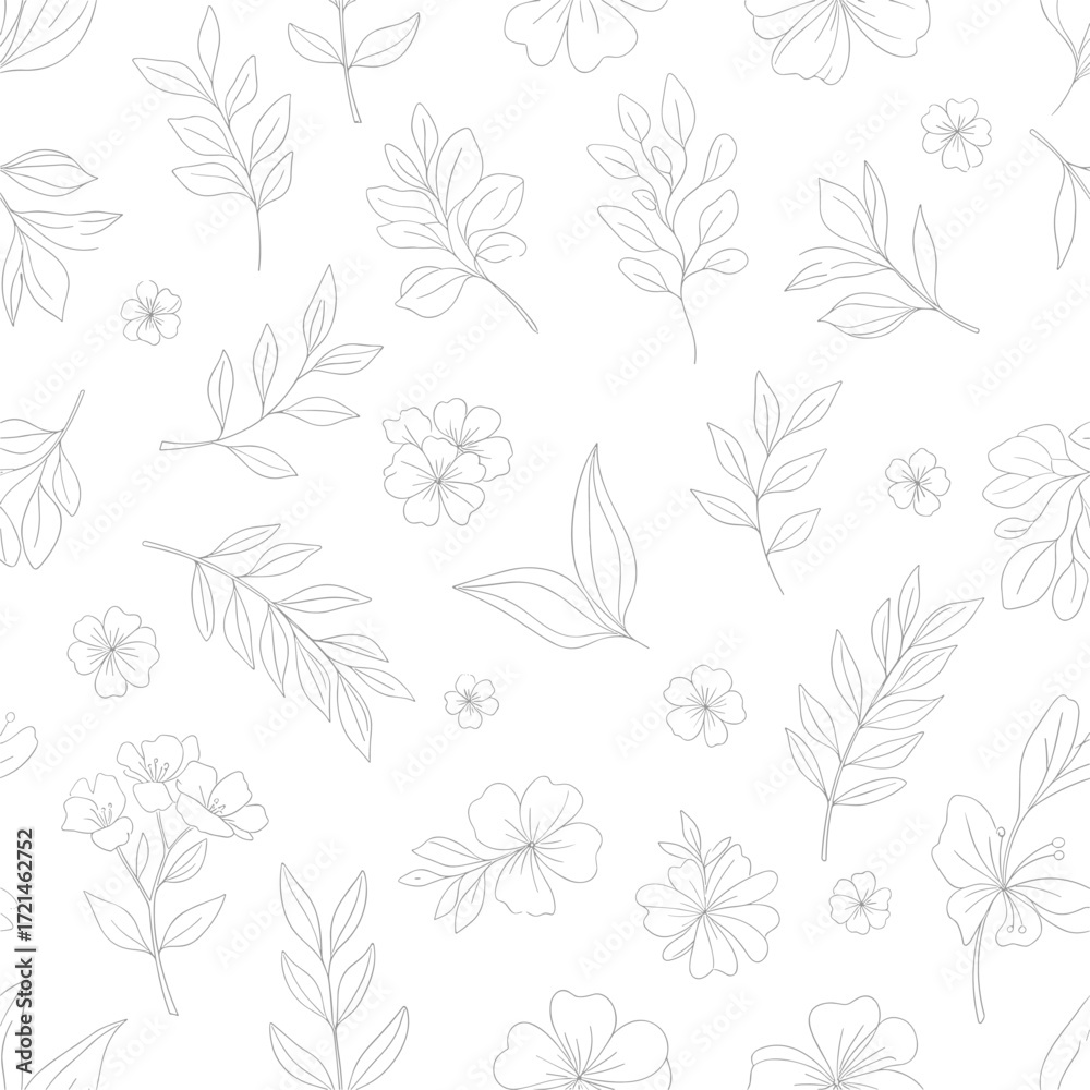 Fototapeta premium A delicate pattern of scattered leaves and small floral elements drawn with fine lines.